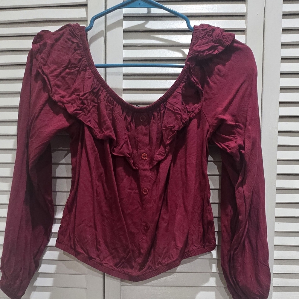 Fashion Nova Wine Ruffled Blouse with Long Sleeves. Wore Once Size L